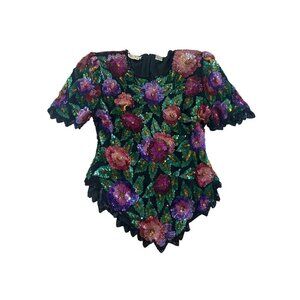 Vintage 80's Lawrence Kazar 100% Silk Sequin Blouse - Medium